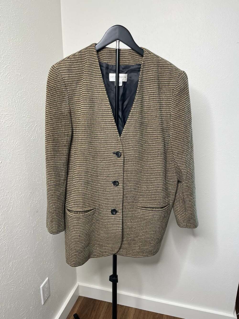 Liz Claiborne Collection Brown Houndstooth Wool Blend Blazer Jacket
